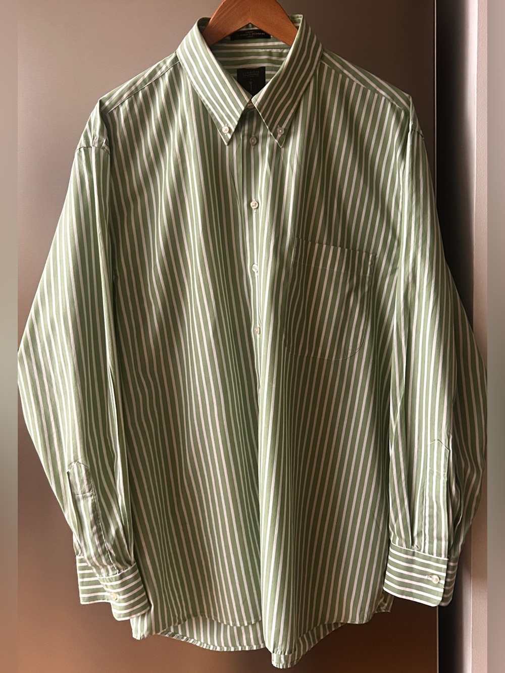 Lipson Fine Shirtmakers Green White Stripe Button Down Shirt XL Italian Fabric